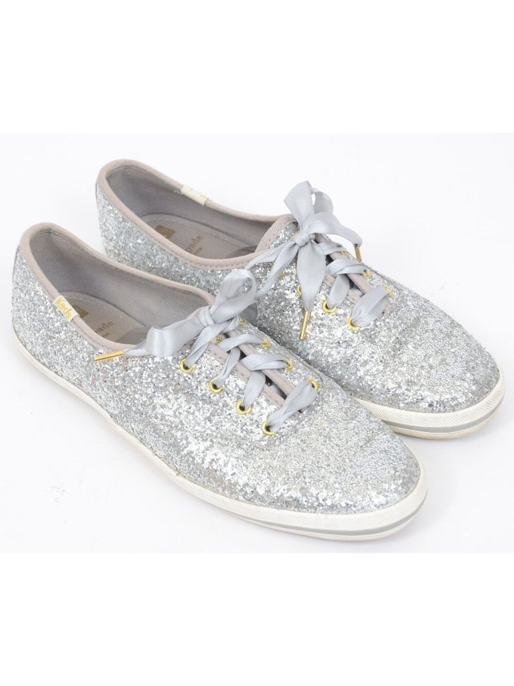 Kate Spade X Keds Women's 8 Sparkly Silver Glitter Satin Ribbons Sneakers